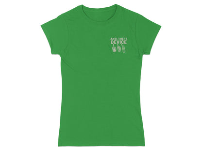 Green t-shirt with "ANTI-THEFT DEVICE" and car pedal icons.