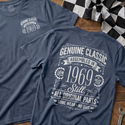Two t-shirts with "Genuine Classic 1969" design, one showing back detail.