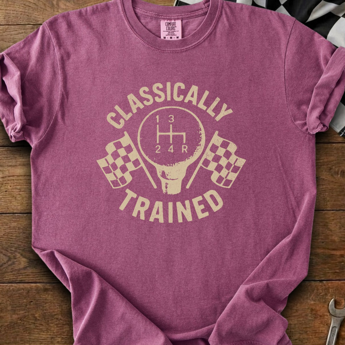 T-shirt with gearbox, checkered flags, and "Classically Trained" text.