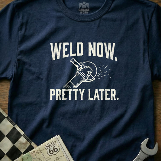 Navy t-shirt with "WELD NOW, PRETTY LATER." and grinder graphic.