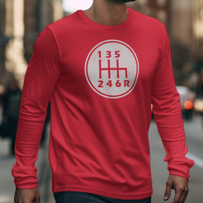 Red long-sleeve shirt with a manual transmission shift pattern graphic.