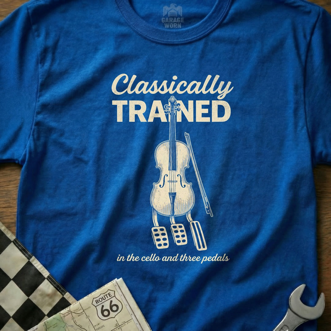 Blue t-shirt with "Classically Trained" and cello with pedals graphic.