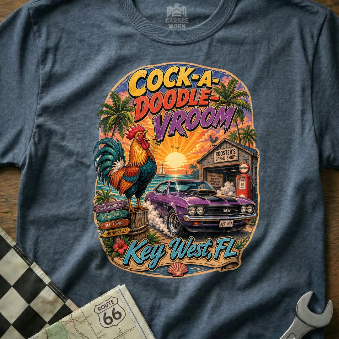 Rooster, purple car, and "Cock-a-Doodle Vroom Key West, FL" on a t-shirt.