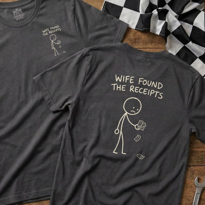 Dark t-shirts with "WIFE FOUND THE RECEIPTS" and stick figure graphic.