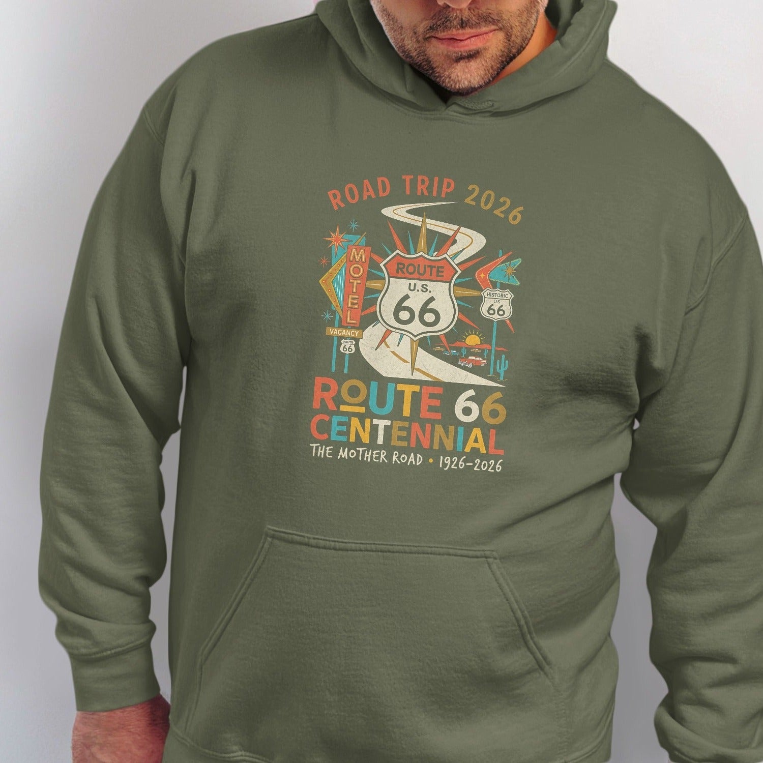 Green hoodie with Route 66 Centennial graphic for Road Trip 2026.
