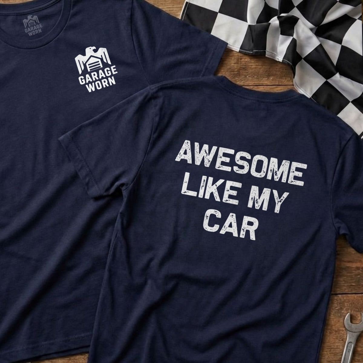Navy t-shirt with "Awesome Like My Car" text on the back.