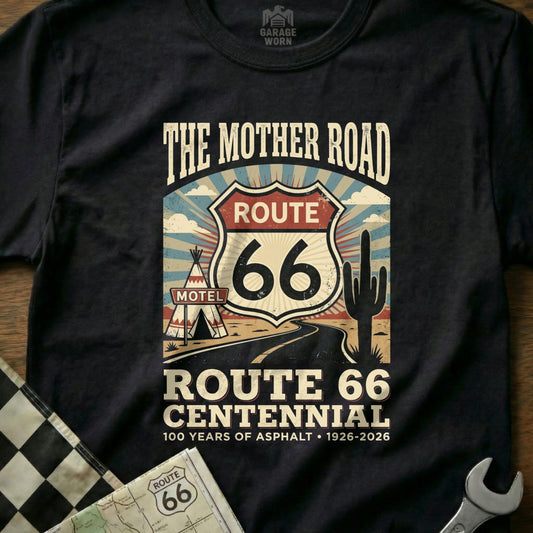 T-shirt with Route 66 centennial graphic: "The Mother Road" and "100 Years of Asphalt".