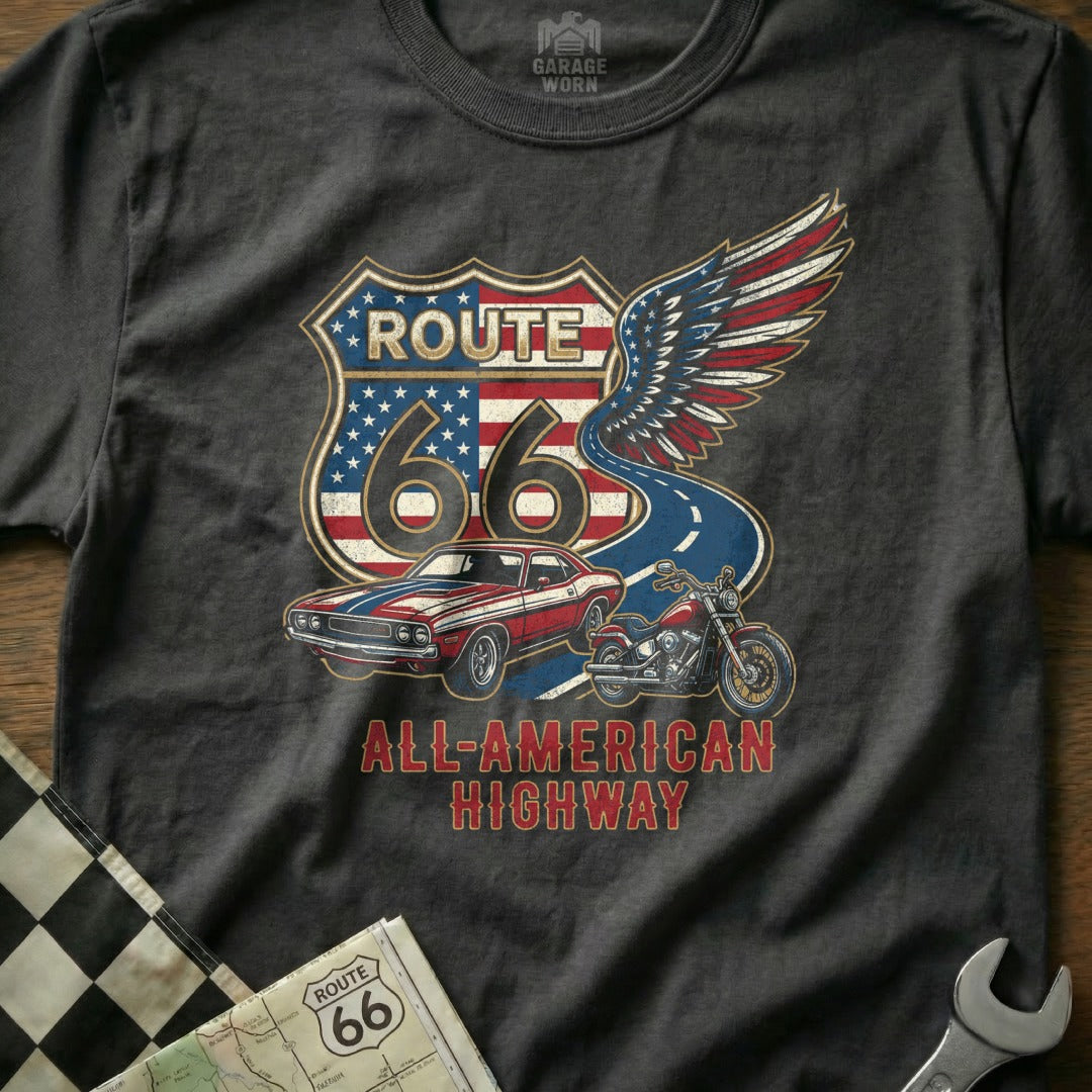 Route 66 graphic t-shirt with vintage car and motorcycle.