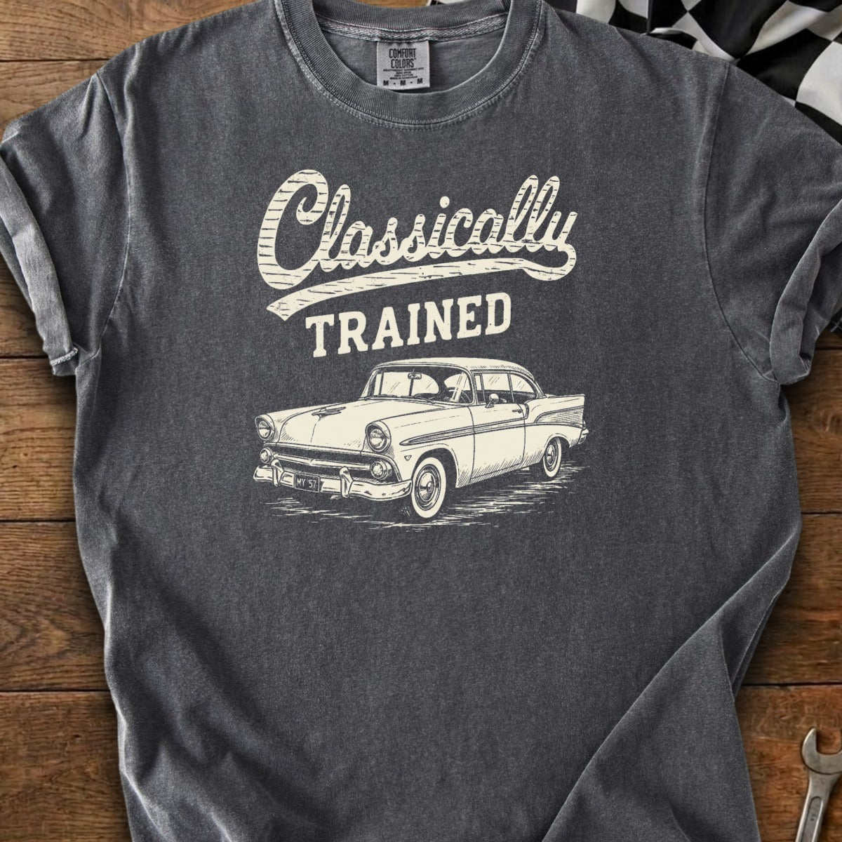 Dark grey t-shirt with "Classically TRAINED" and a vintage car graphic.
