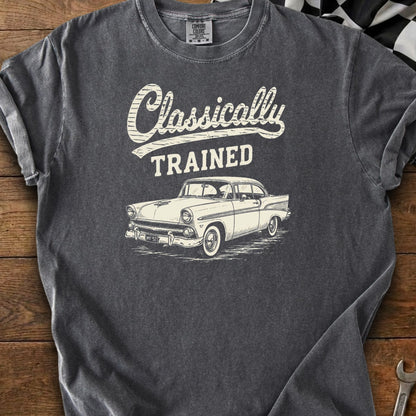 Dark grey t-shirt with "Classically TRAINED" and a vintage car graphic.