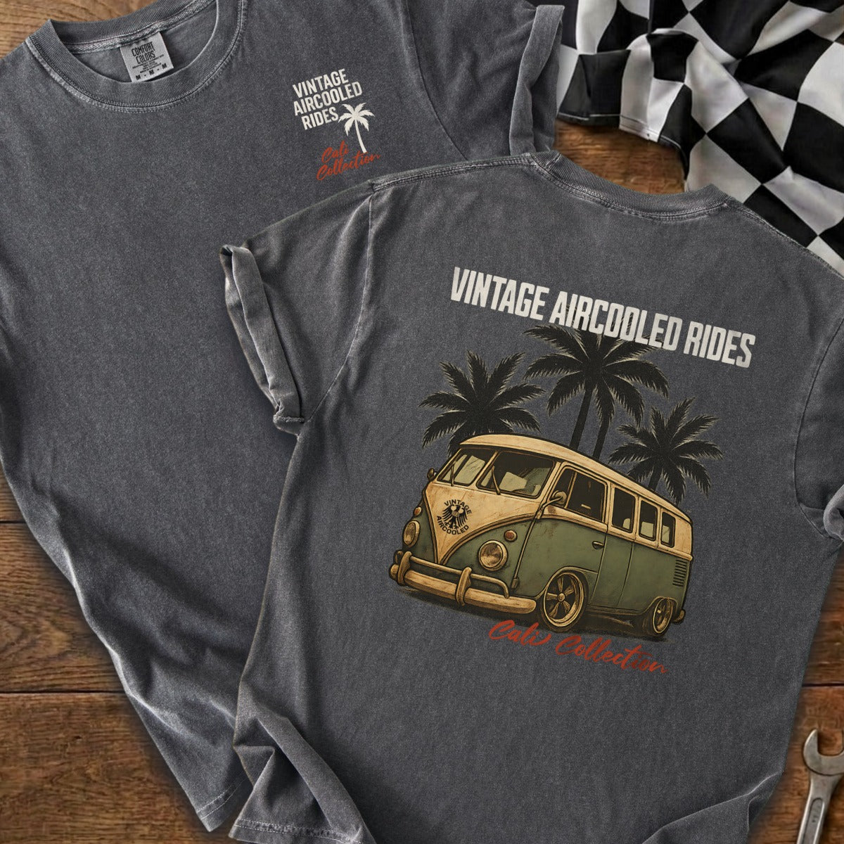 Dark gray t-shirt with vintage aircooled van and palm tree graphic.
