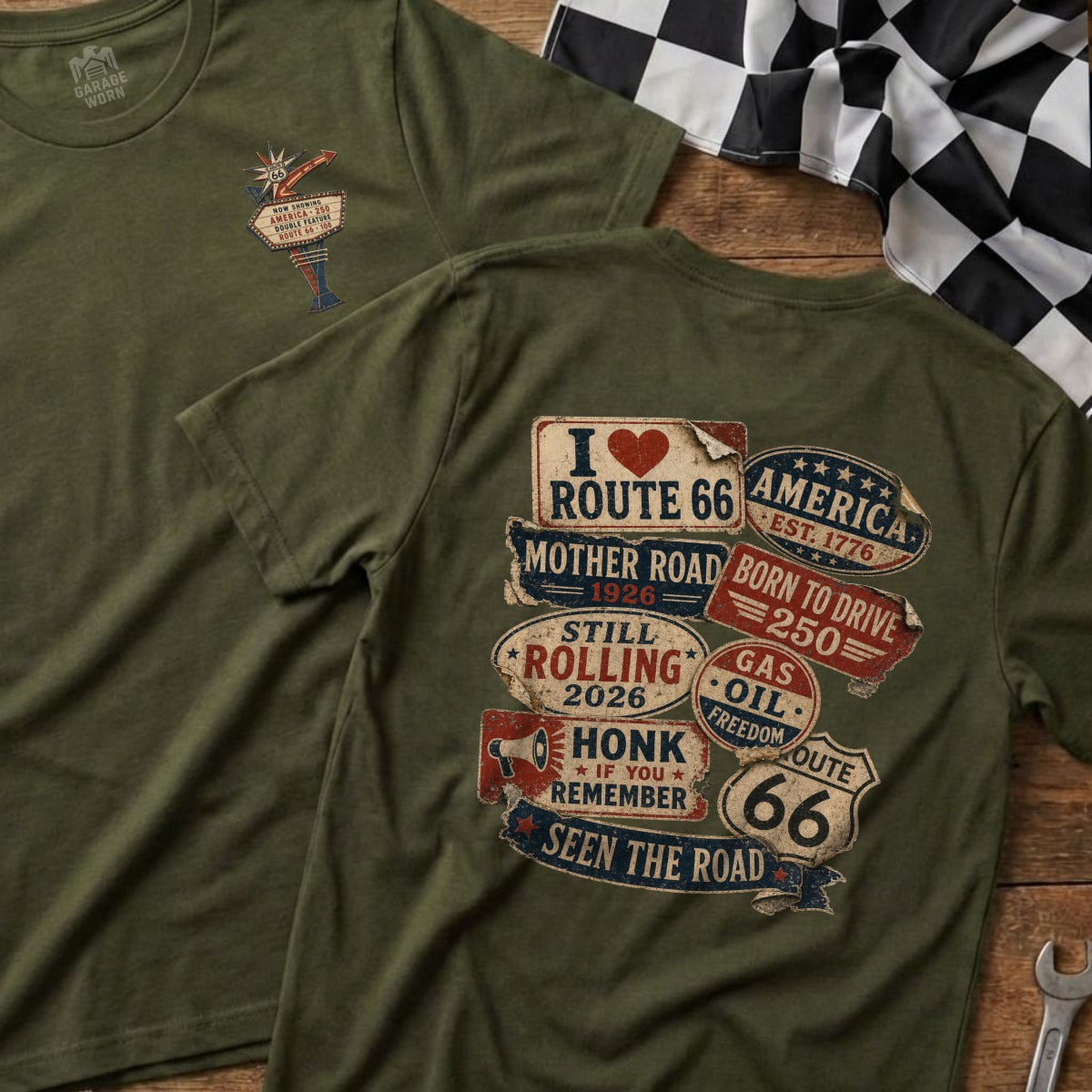 Olive green t-shirts with Route 66 graphics.
