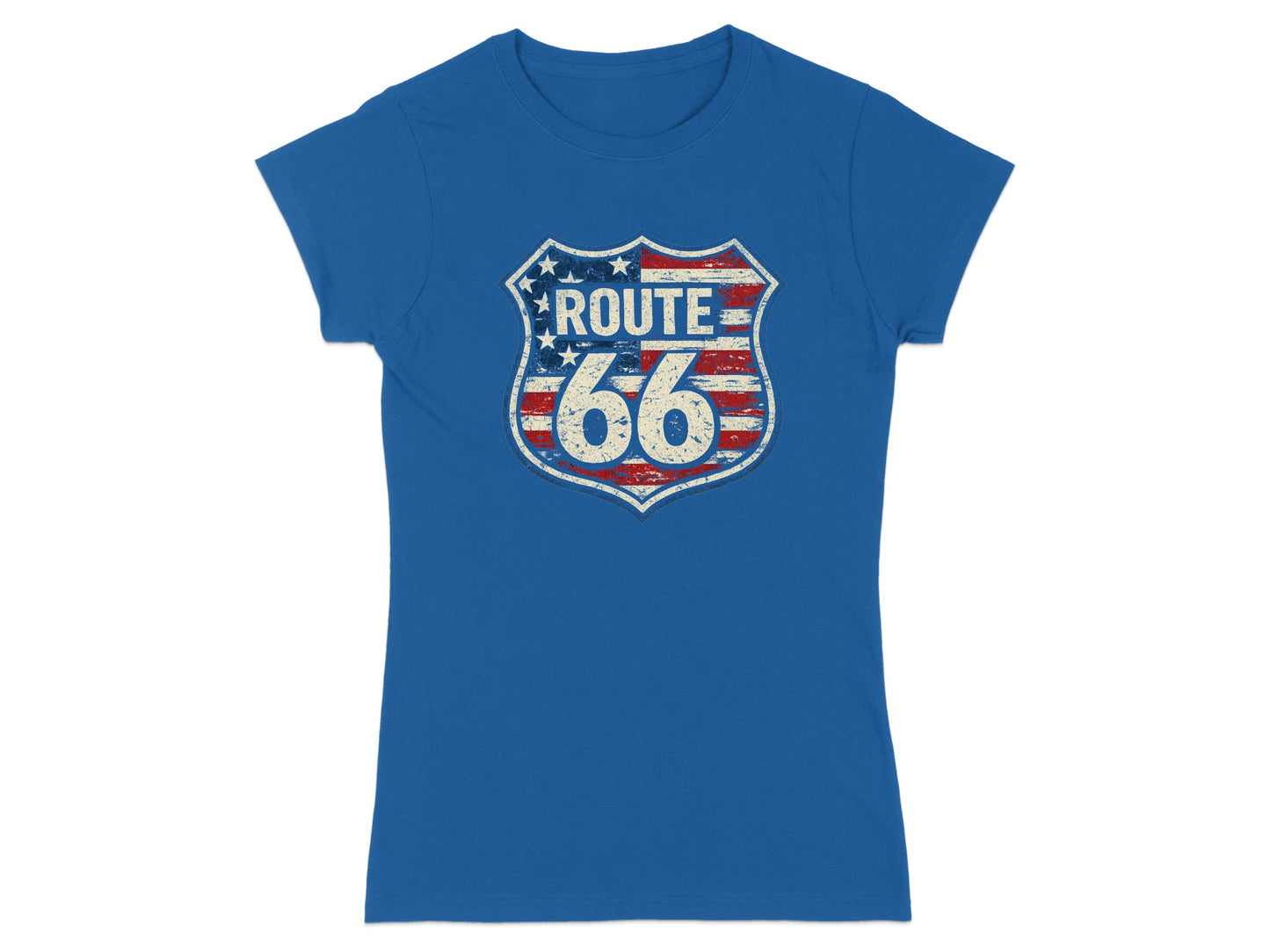 Blue t-shirt with distressed Route 66 shield logo featuring American flag colors.