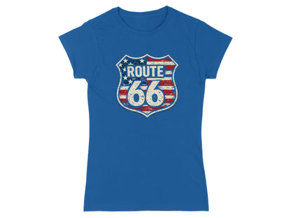 Blue t-shirt with distressed Route 66 shield logo featuring American flag colors.