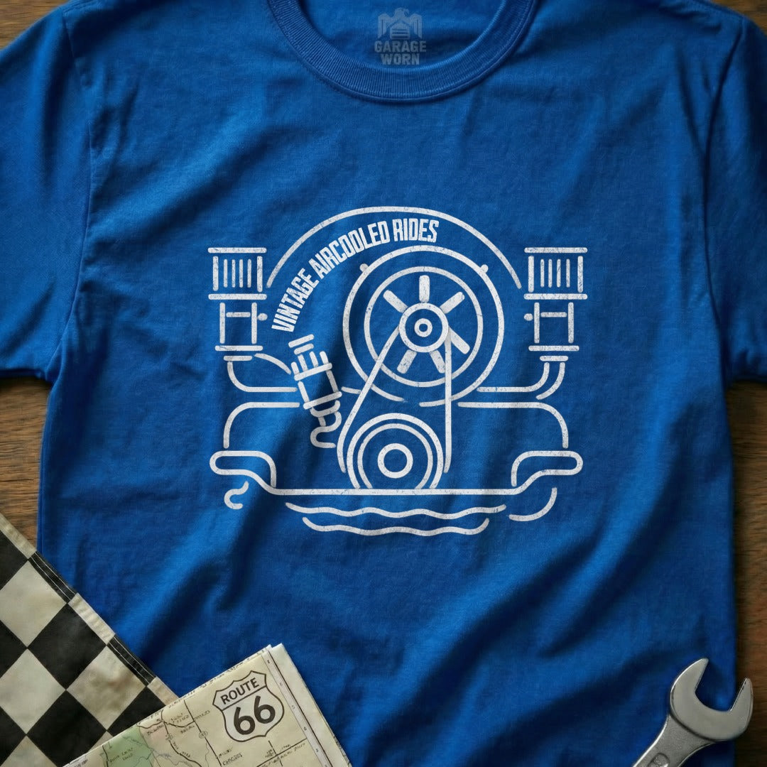 Blue t-shirt with white line art of an air-cooled engine and "Vintage Aircooled Rides" text.