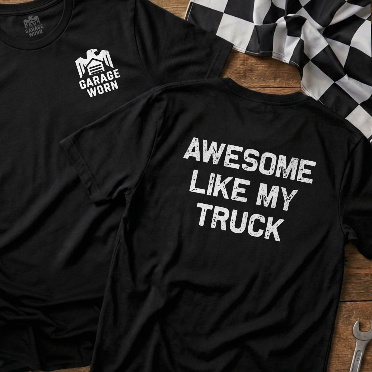 Black t-shirt with "Awesome Like My Truck" printed on back, and logo on front.