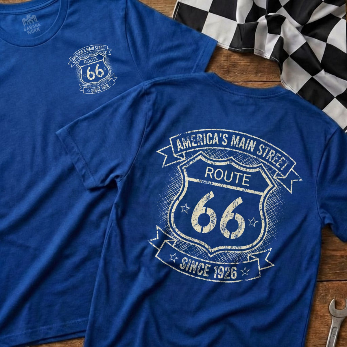 Blue t-shirts featuring Route 66 logo and "America's Main Street" text.