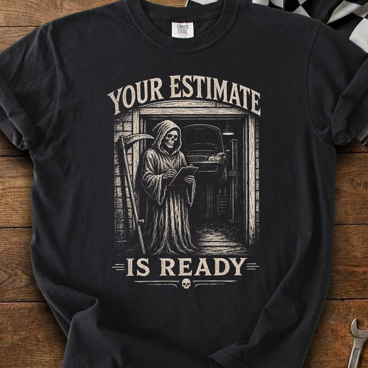 Grim Reaper in garage with car, writing "Your Estimate Is Ready".