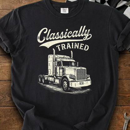 Black t-shirt with "Classically TRAINED" text and a detailed illustration of a semi-truck.