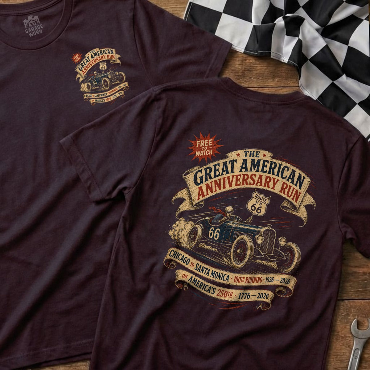 Burgundy t-shirts with Great American Anniversary Run Route 66 graphic.