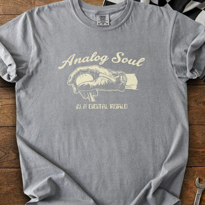 Grey t-shirt with graphic of a hand in a baseball glove holding a ball, text "Analog Soul In A Digital World".
