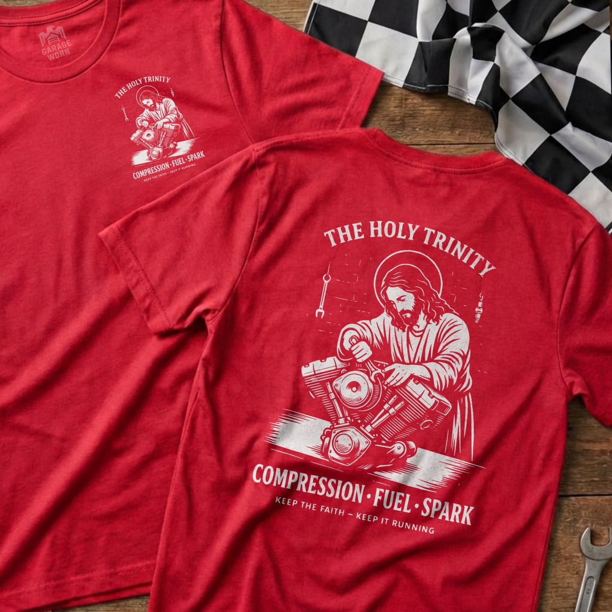THE HOLY TRINITY COMPRESSION FUEL SPARK product type
Jesus
Motorcycle
Engine
Mechanic
Holy Trinity
Compression
Fuel
Spark
Biker
T-Shirt
Graphic Tee
Apparel
Christian
Faith
Religious
Rider
Motorcycle Art
Garage Worn
Keep The Faith
Red Shirt