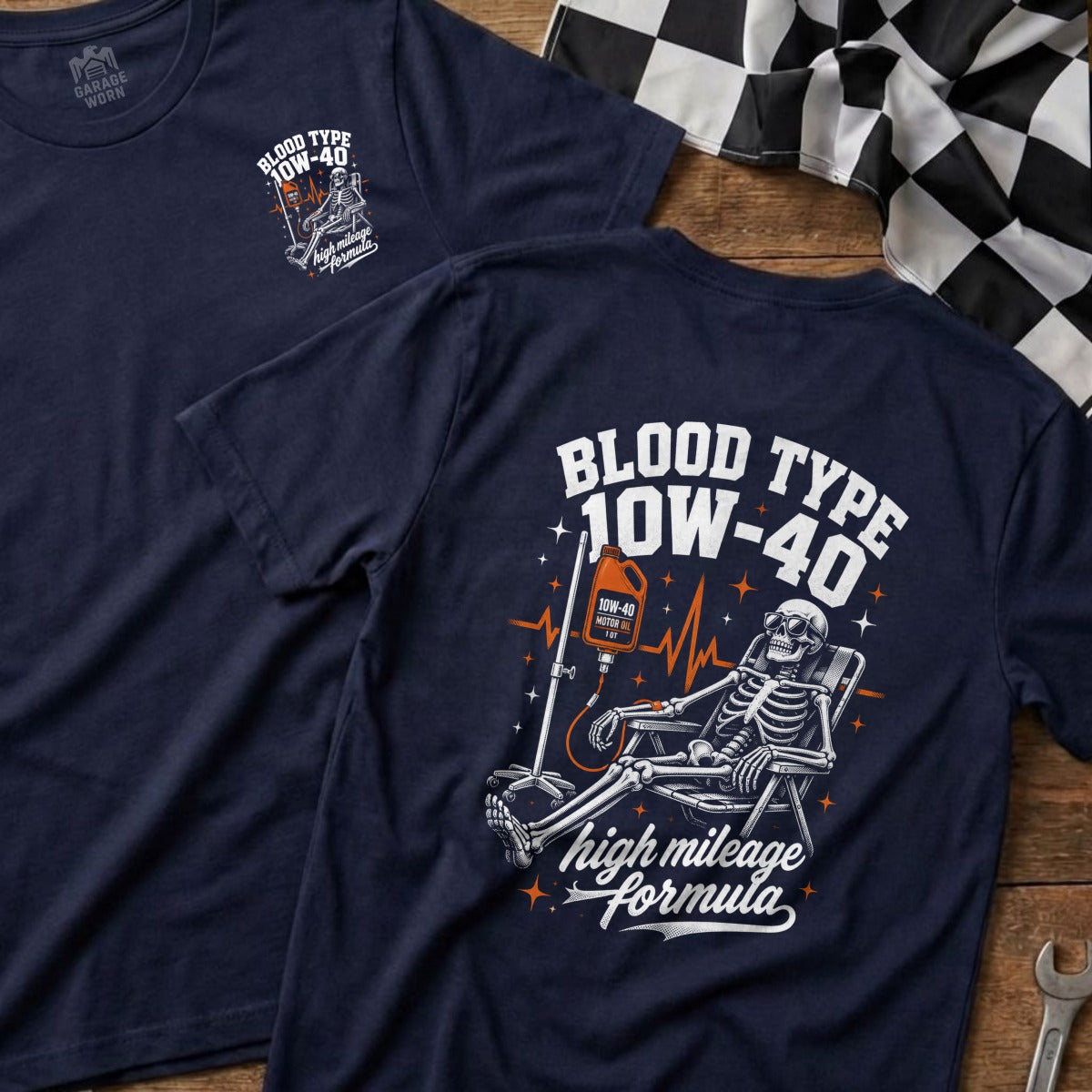 Navy t-shirt with "Blood Type 10W-40 High Mileage Formula" graphic.