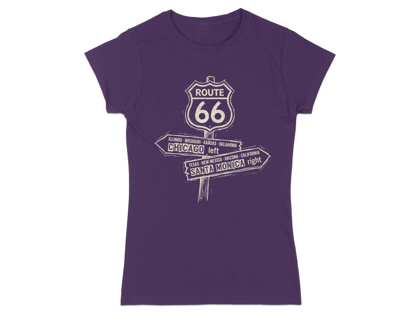 Purple t-shirt with Route 66 signpost pointing left to Chicago and right to Santa Monica.