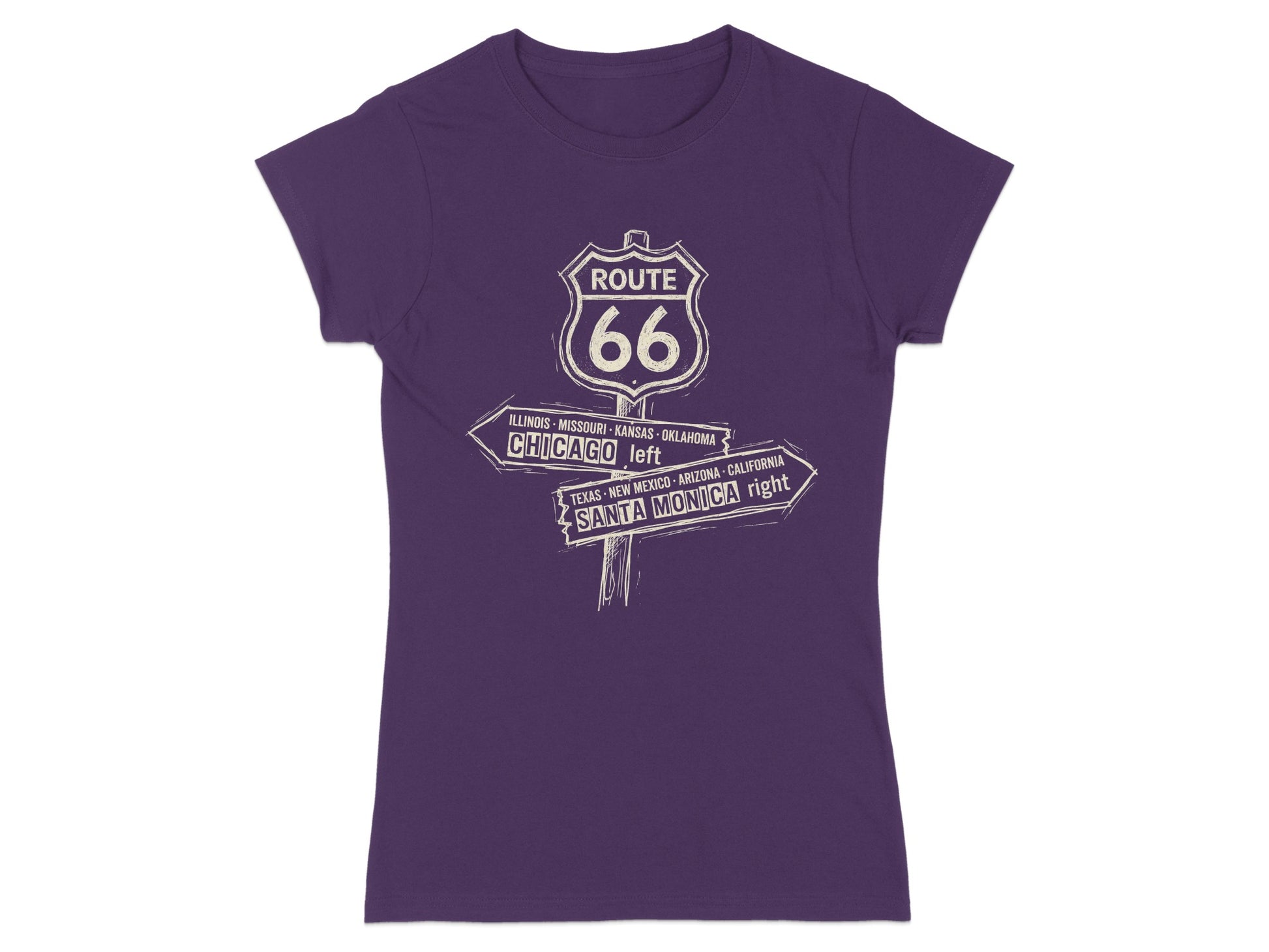 Purple t-shirt with Route 66 signpost pointing left to Chicago and right to Santa Monica.