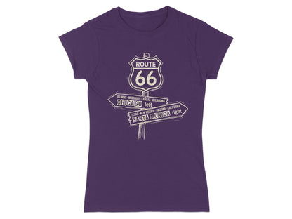 Purple t-shirt with Route 66 signpost pointing left to Chicago and right to Santa Monica.