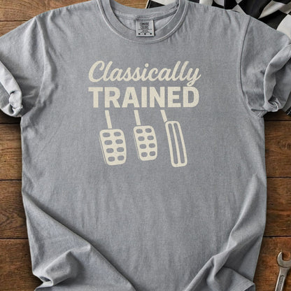 Grey t-shirt with "Classically TRAINED" text and three pedal graphics.