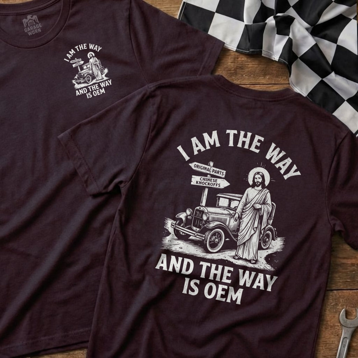 T-shirt with Jesus and vintage car, text reads "I am the way and the way is OEM".