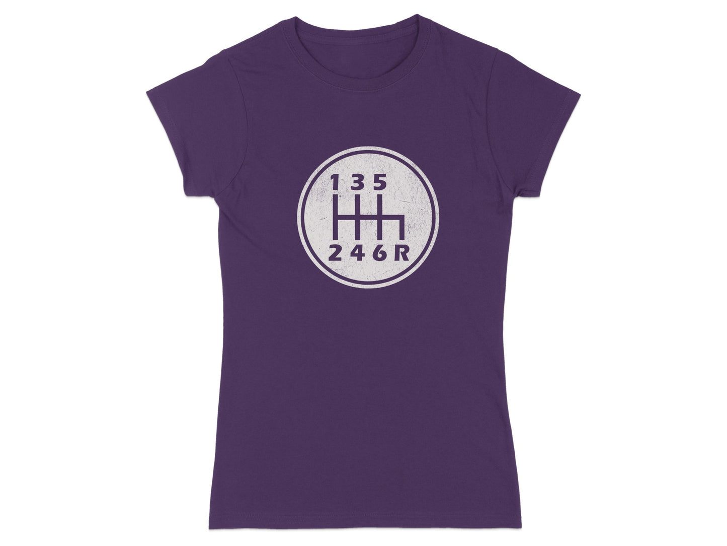 Purple t-shirt with a white graphic of a manual transmission shift pattern.