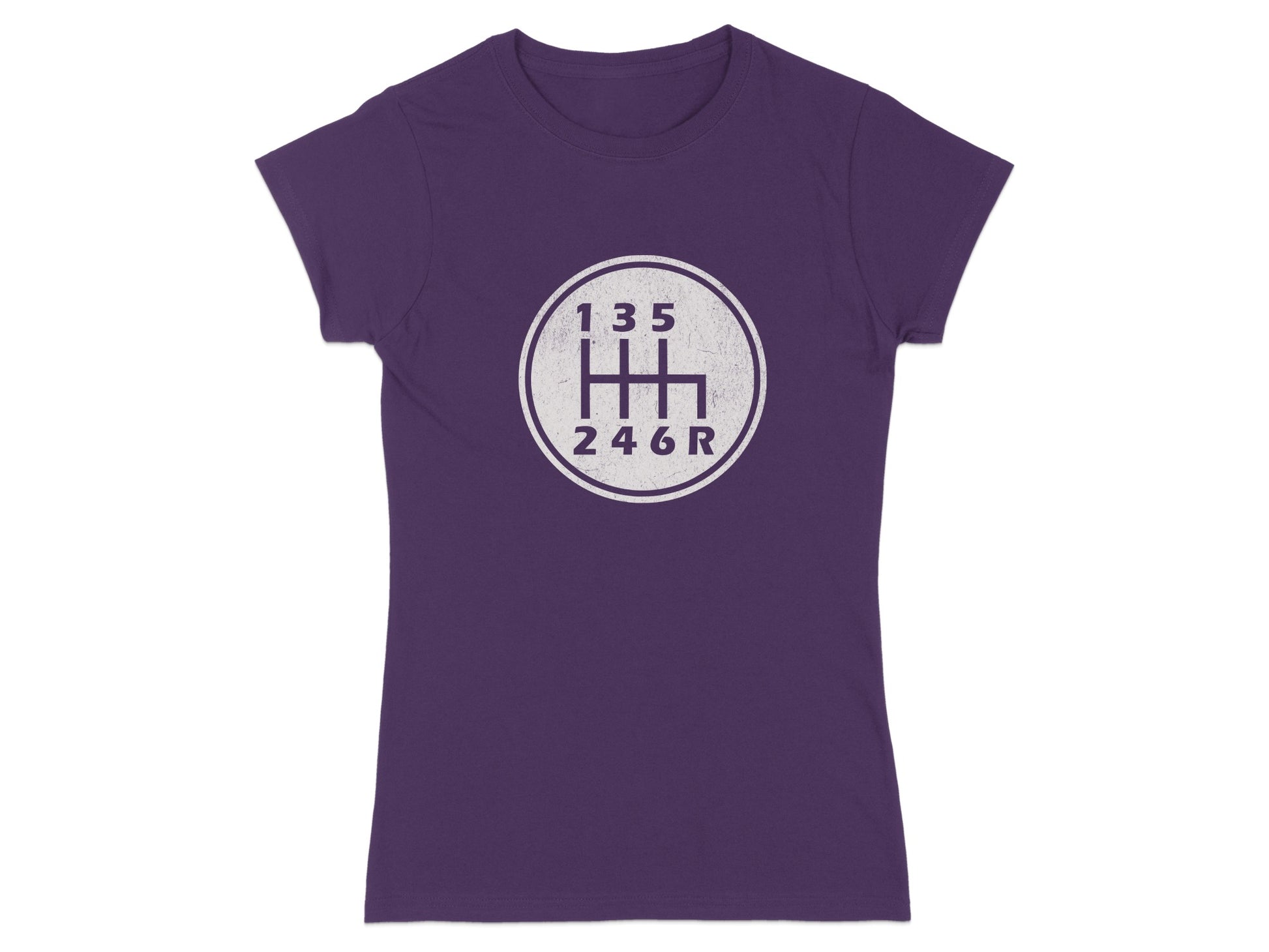 Purple t-shirt with a white graphic of a manual transmission shift pattern.