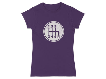 Purple t-shirt with a white graphic of a manual transmission shift pattern.