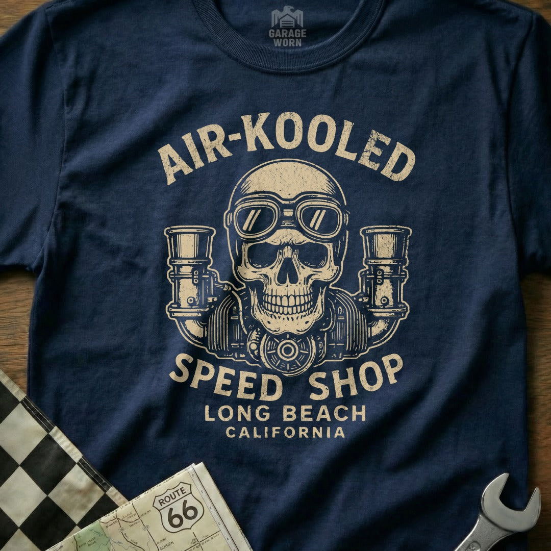 Dark blue t-shirt with "Air-Kooled Speed Shop Long Beach California" and skull graphic.