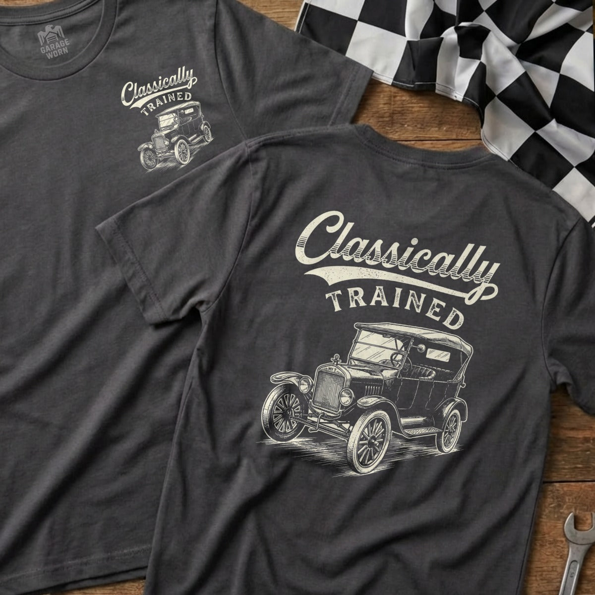 T-shirt with "Classically Trained" text and vintage car graphic