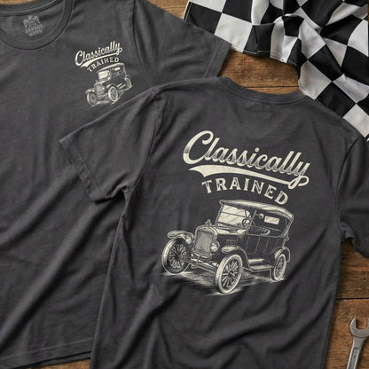 T-shirt with "Classically Trained" text and vintage car graphic