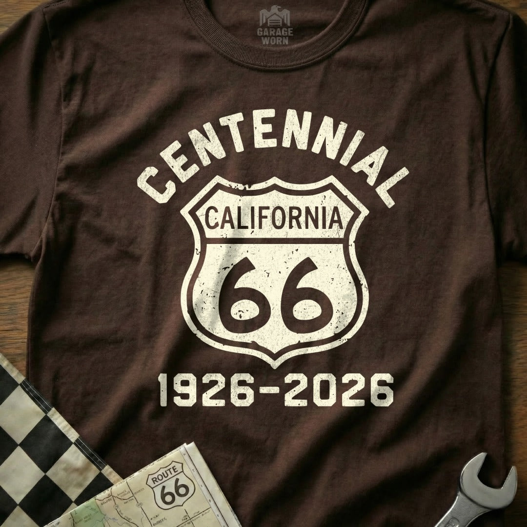 Brown t-shirt with Centennial California Route 66 1926-2026 text.