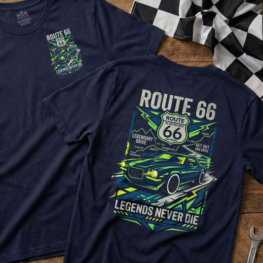 Navy t-shirt with Route 66 graphic featuring a classic car and bold text.