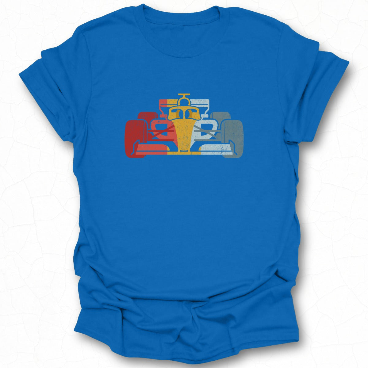 Vibrant Racing Car Art Design on Blue Shirt