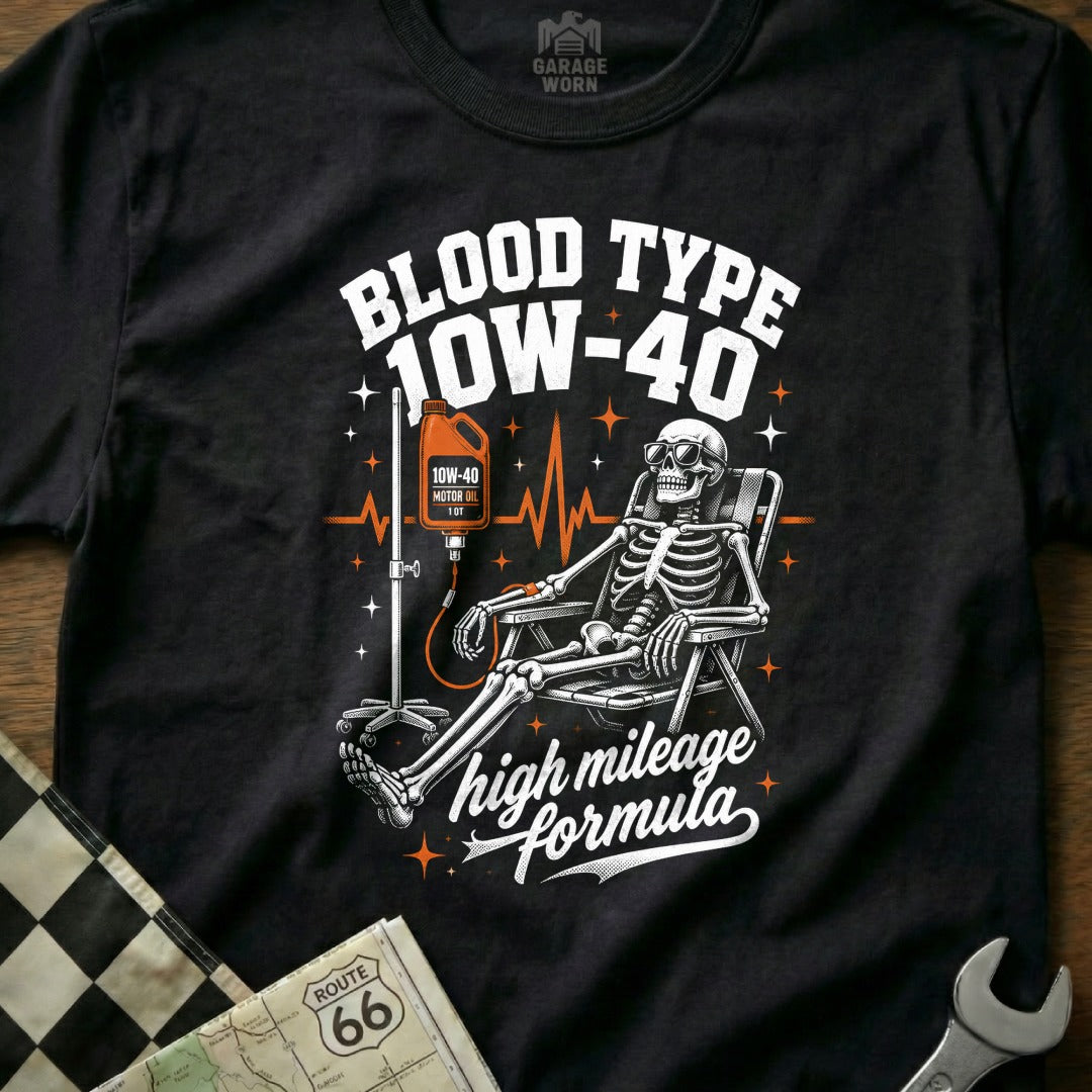 Skeleton receiving 10W-40 motor oil infusion, "Blood Type 10W-40 High Mileage Formula."