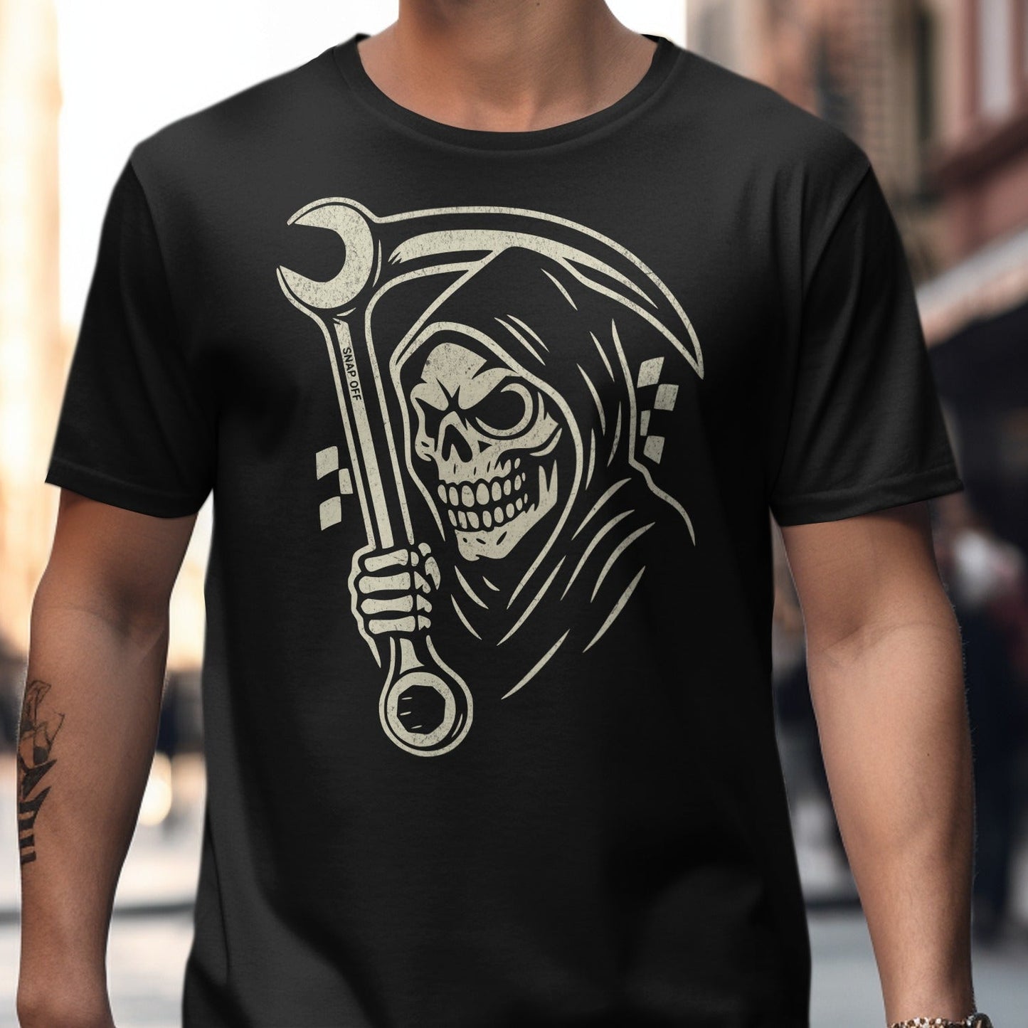 Grim Reaper Holding Wrench Design T-Shirt Product