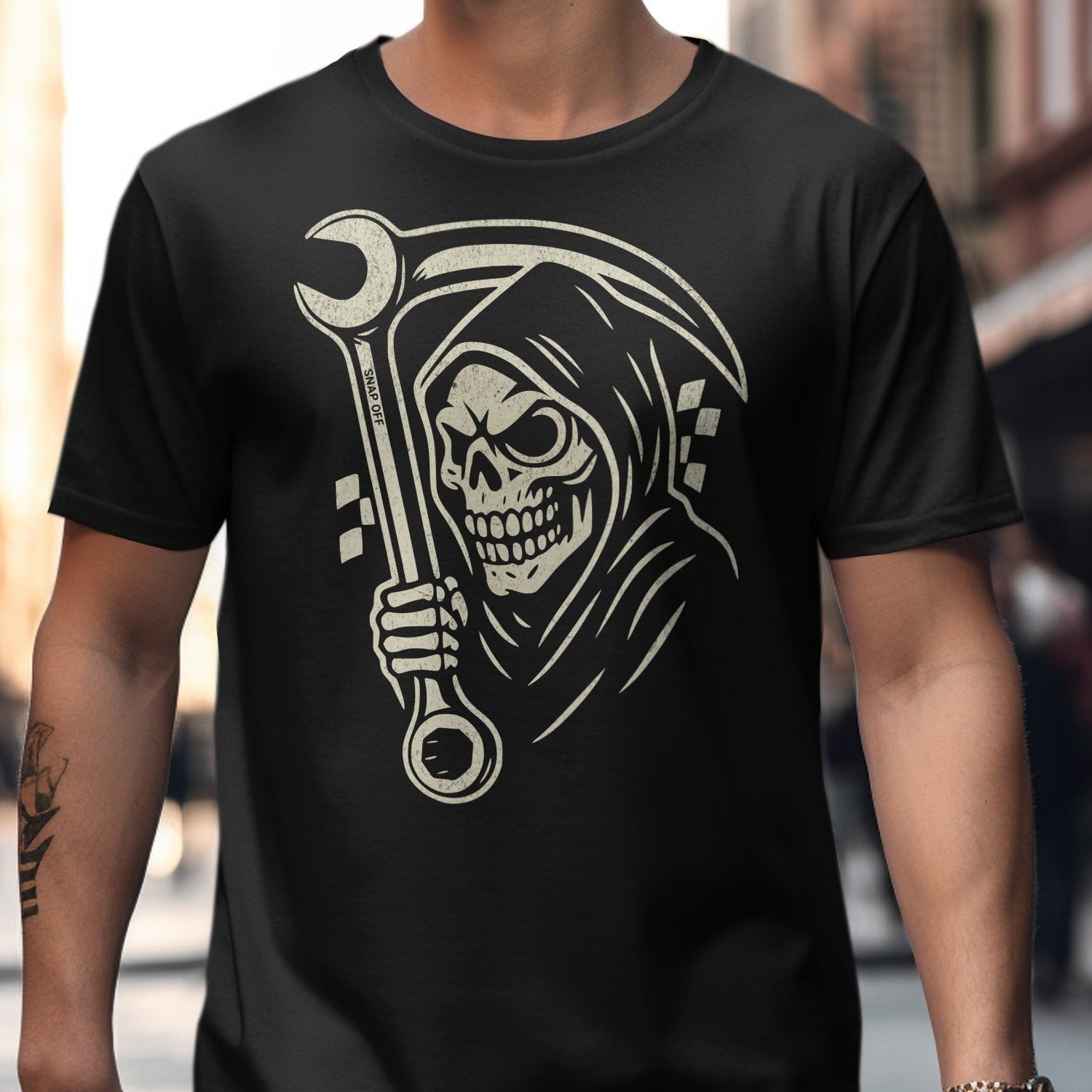 Grim Reaper Holding Wrench Design T-Shirt Product