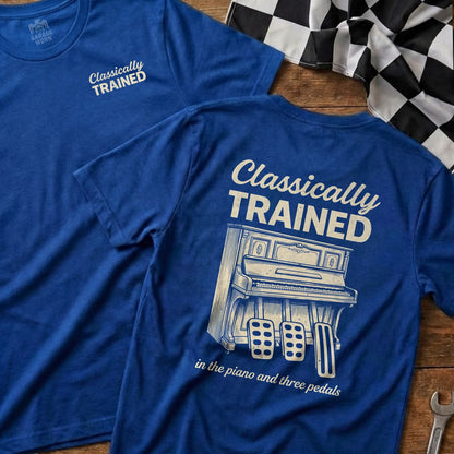 Blue t-shirt with "Classically Trained" and piano keys design.