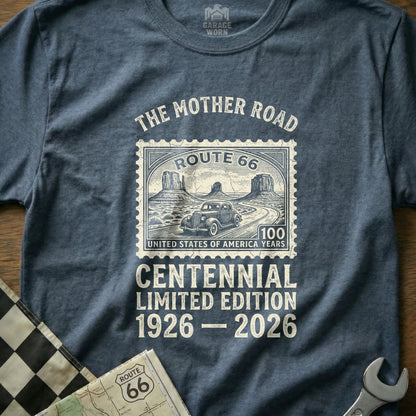 Route 66 Centennial limited edition t-shirt with vintage car stamp design.