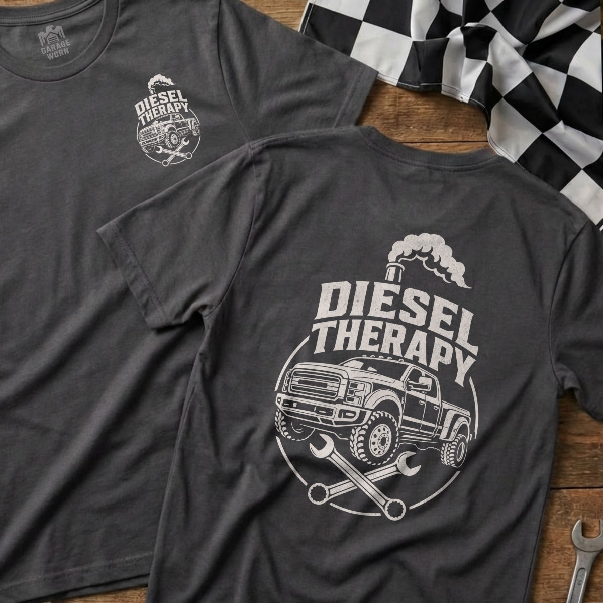 Dark grey t-shirt with "Diesel Therapy" graphic featuring a pickup truck and wrenches.