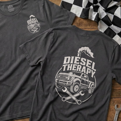 Dark grey t-shirt with "Diesel Therapy" graphic featuring a pickup truck and wrenches.