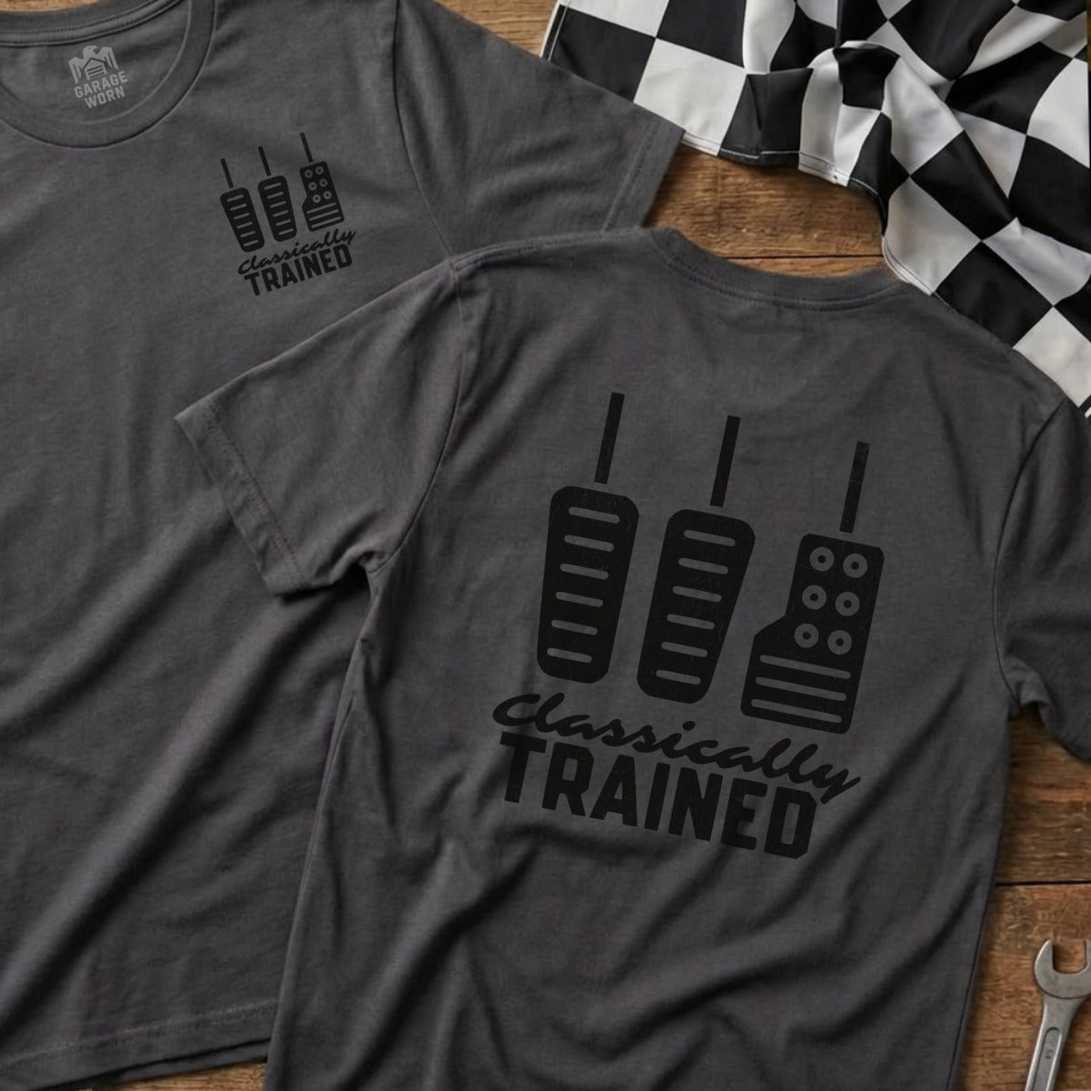 Dark grey t-shirts with clutch, brake, and gas pedals graphic and "CLASSICALLY TRAINED" text.