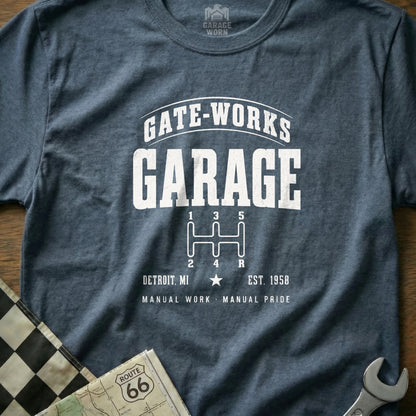 Gate-Works Garage Detroit, MI t-shirt with manual transmission shift pattern.